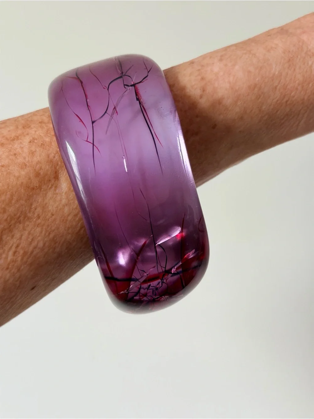 Vintage Purple Resin Bangle Bracelet with Red and Black Vein Accents